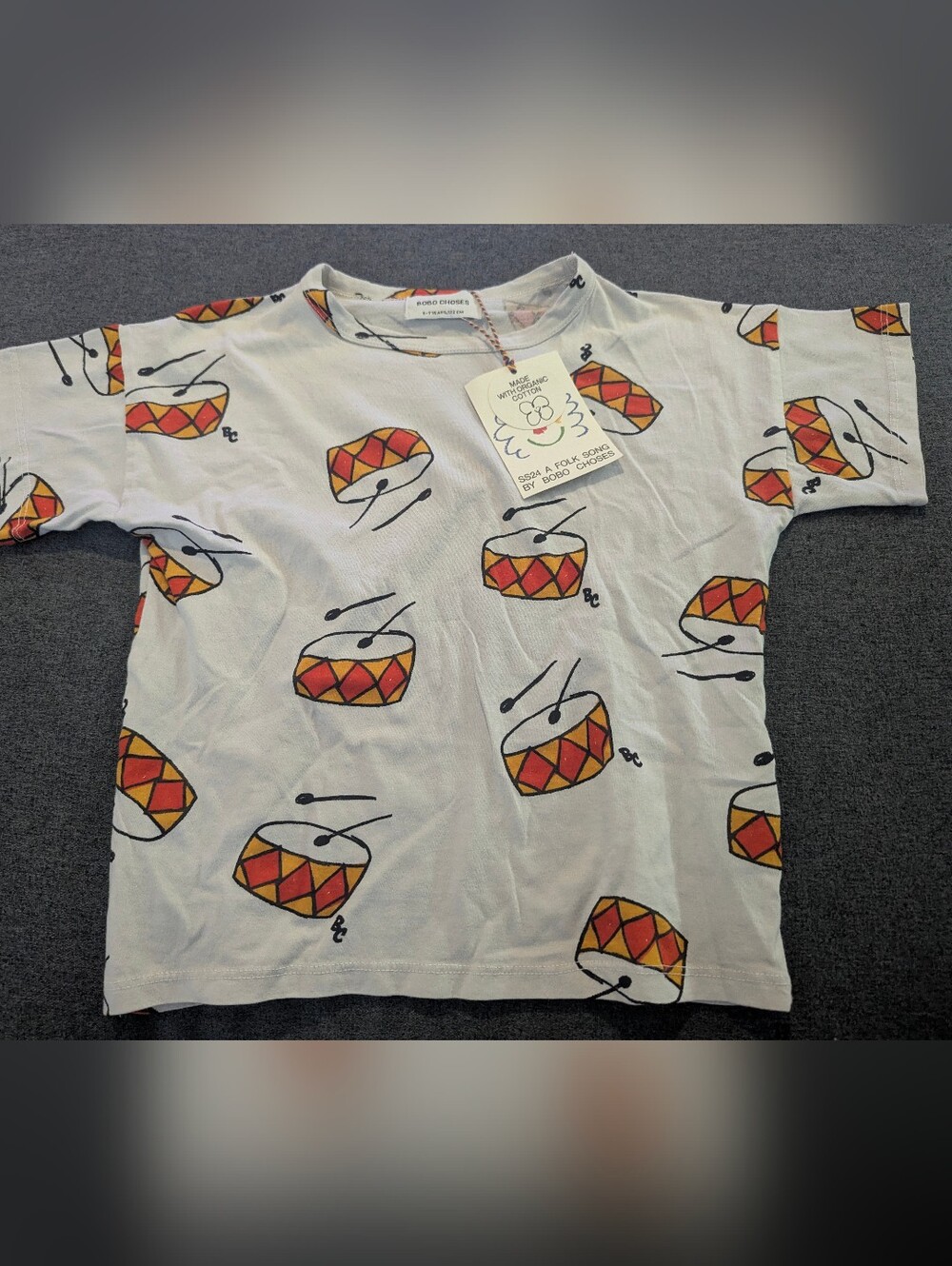 Bobo Choses Drum Print Cotton Tee - White with Red & Yellow Drum Motif